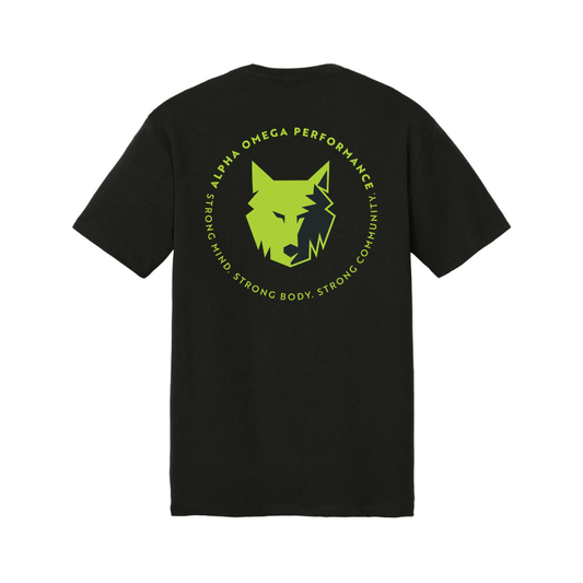 Black t-shirt with a green wolf logo and text on the back, on a white background