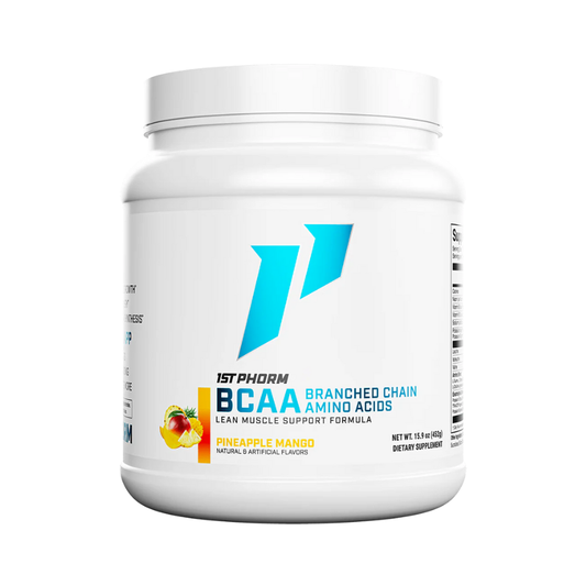White container of 1st Phorm BCAA supplement on a white background