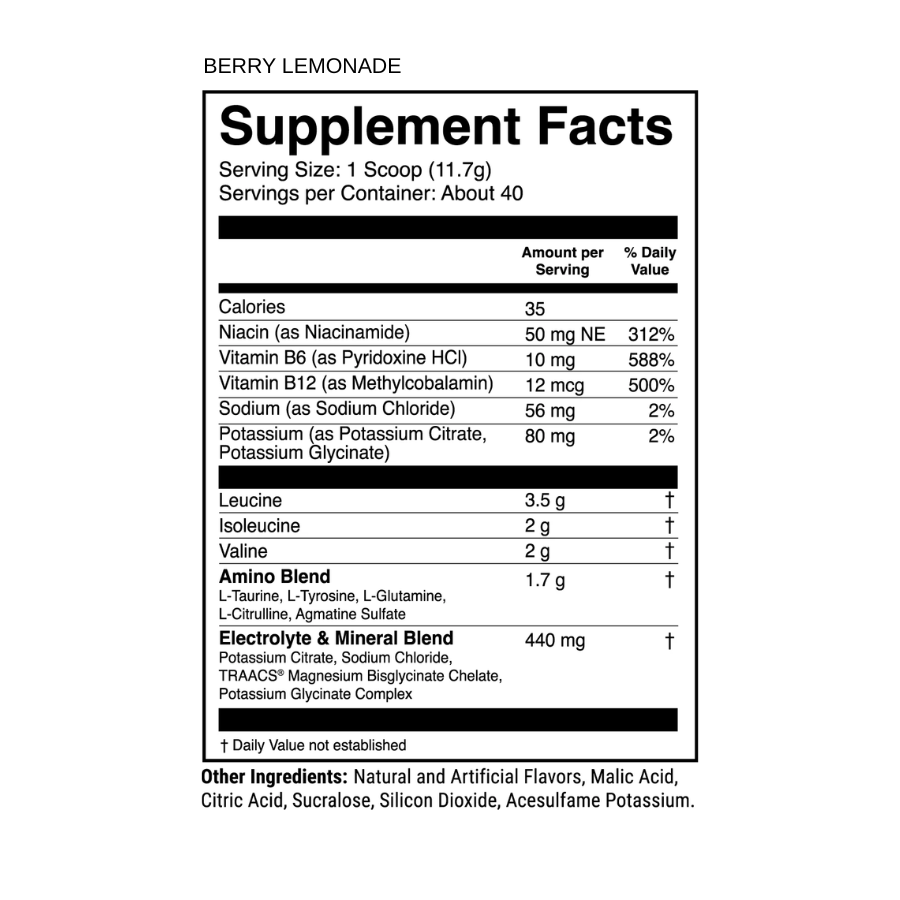 Supplement facts label for berry lemonade flavor on a white background