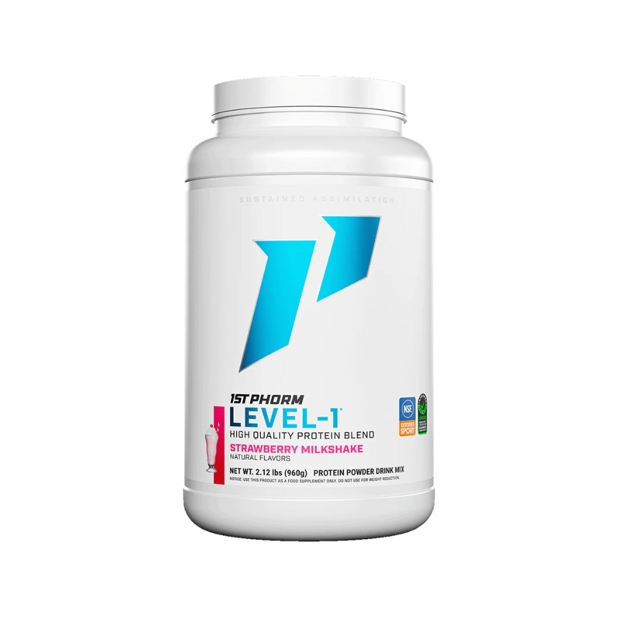 White protein powder container with blue and red label on a white background
