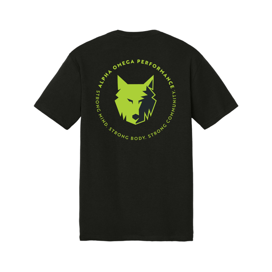 Black t-shirt with a green wolf logo and text on the back, on a white background