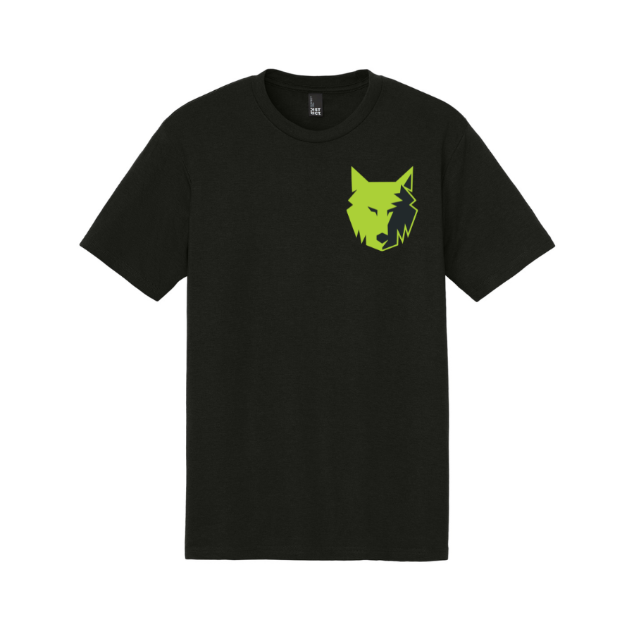 Black t-shirt with a green wolf logo on a white background